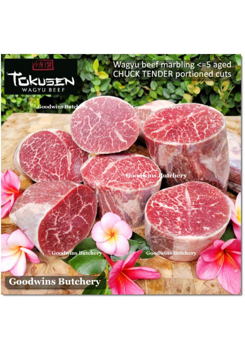 Beef CHUCK TENDER Wagyu Tokusen marbling <=5 aged FROZEN portioned cut +/- 1kg 4pcs (price/kg)